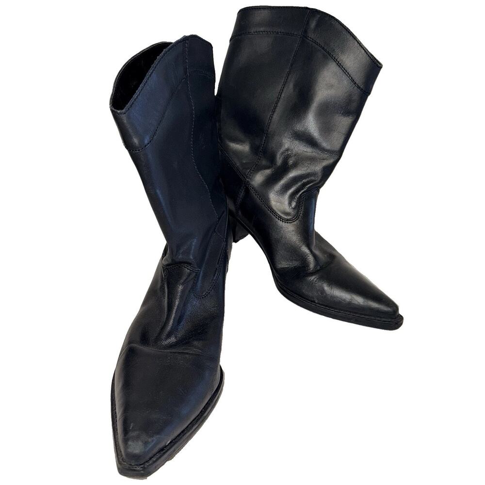 Zara Black Leather Cowboy Western Mid-Calf Boots Pointed Toe Block Heel US 11 CA